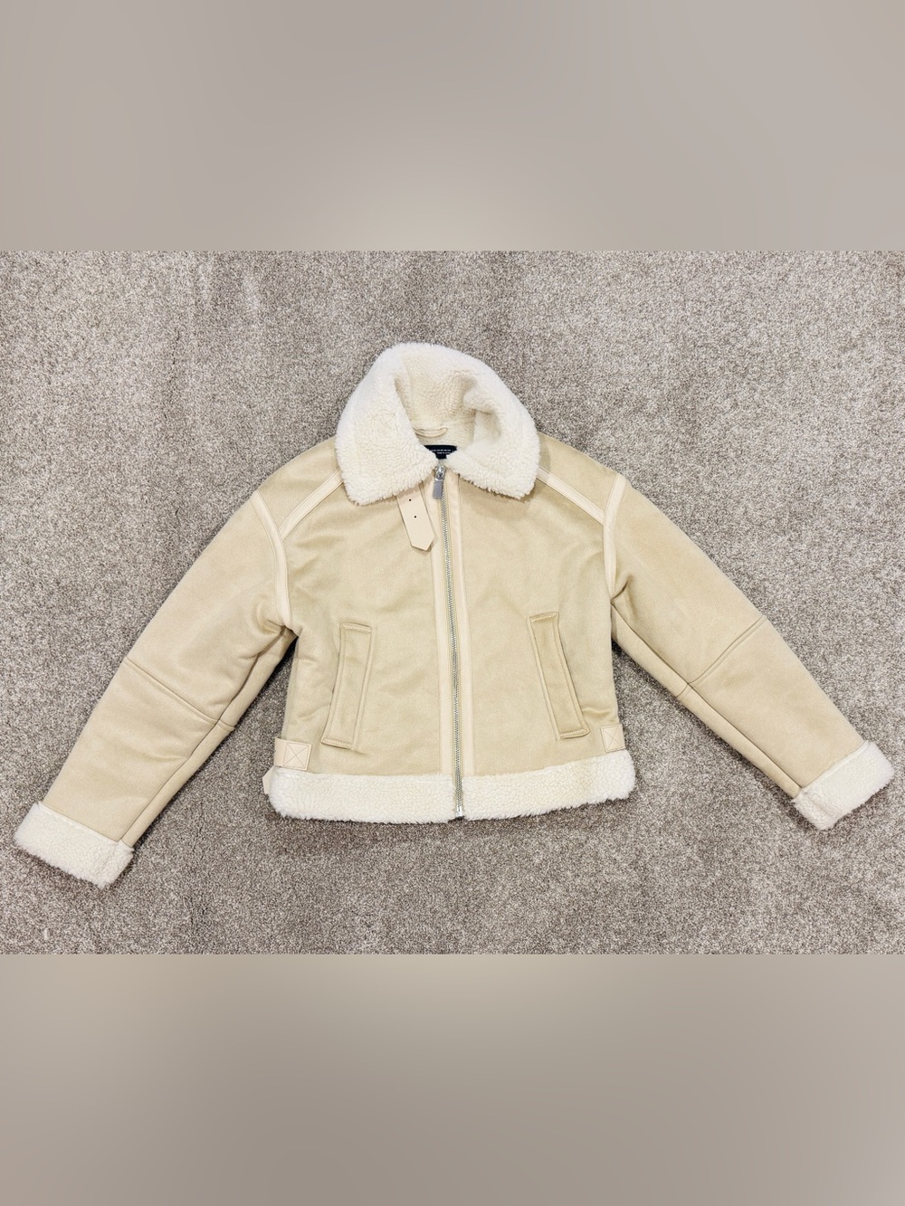 ZARA Double Faced Faux Suede Shearling Jacket Cream Beige Aviator Biker Size XS